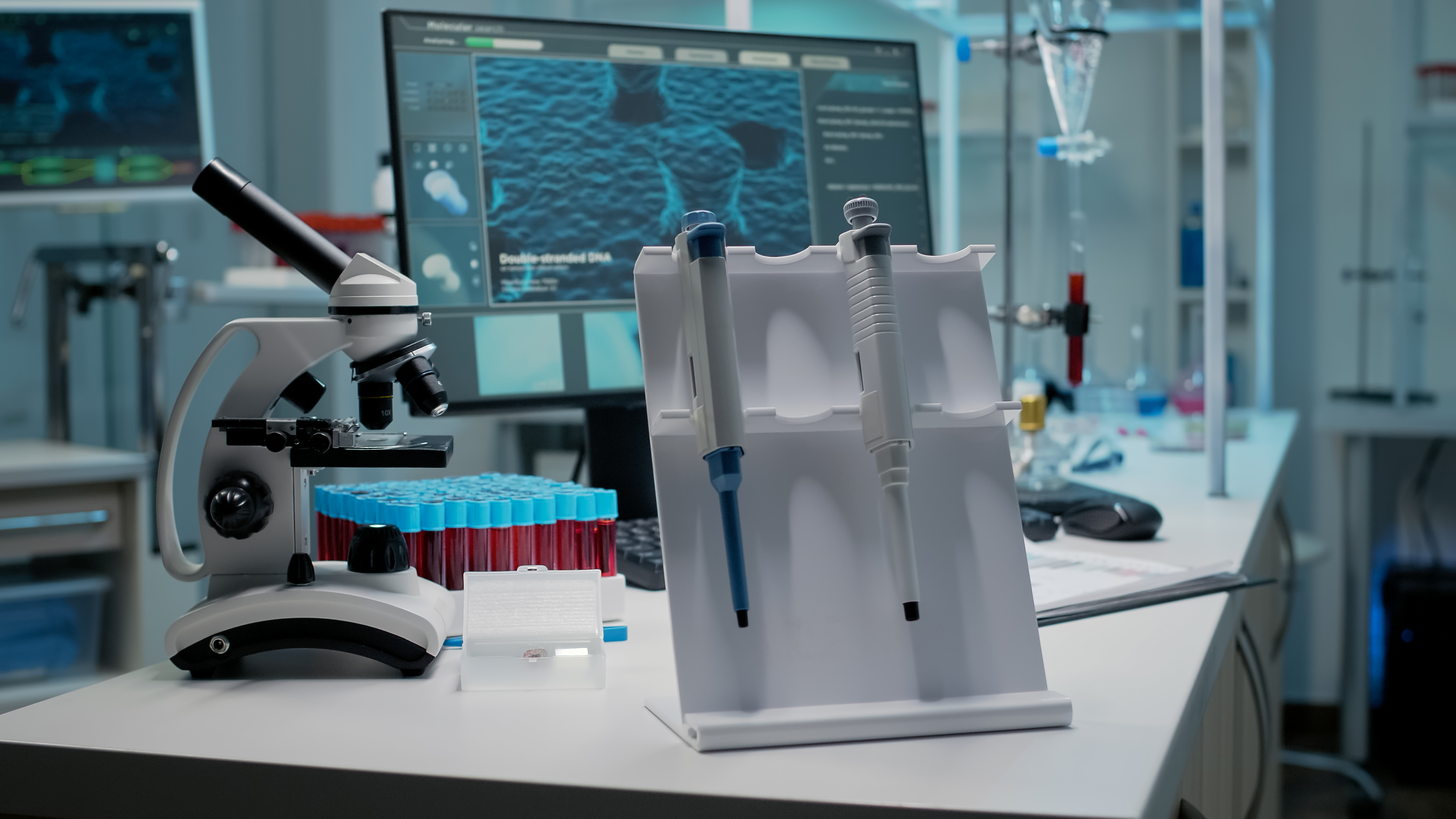Close up of scientific micropipette and instruments